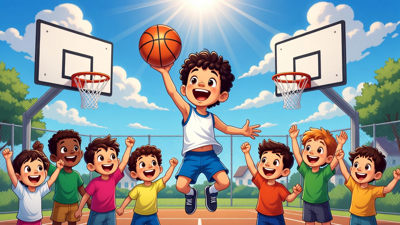 Bambini che saltano verso il canestro in stile fumetto