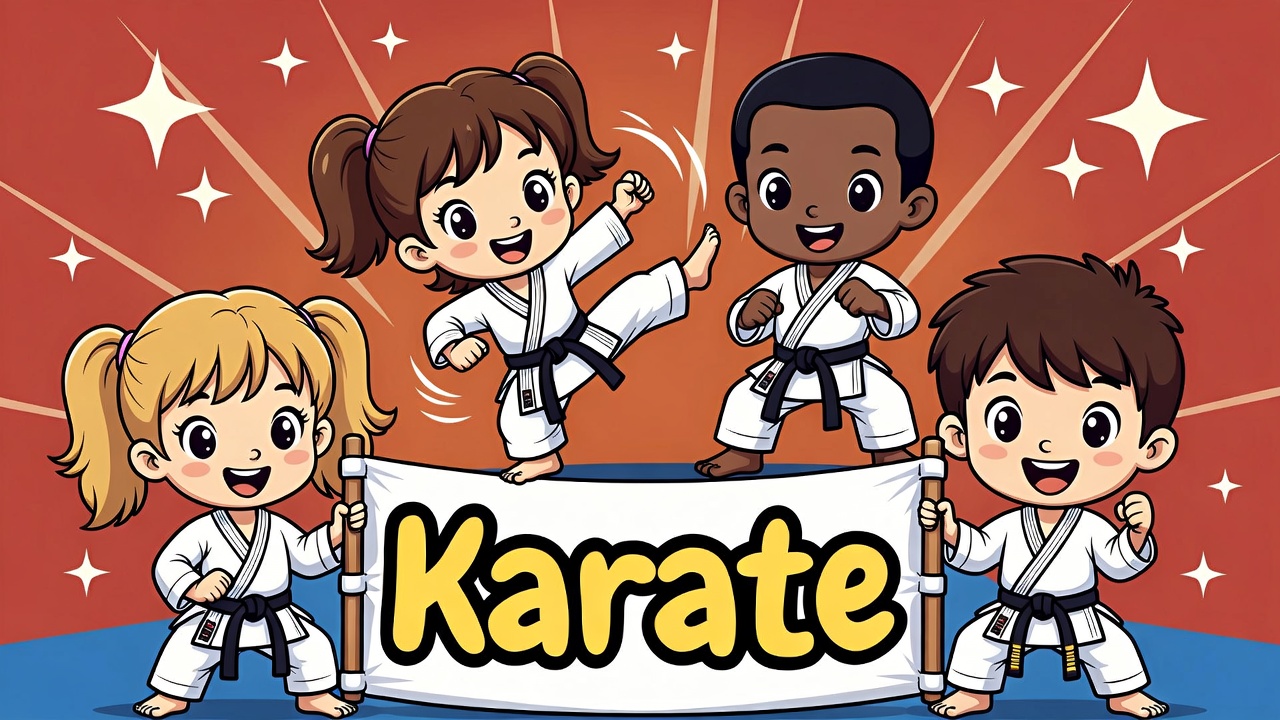 Bambini che praticano arti marziali in stile cartoon