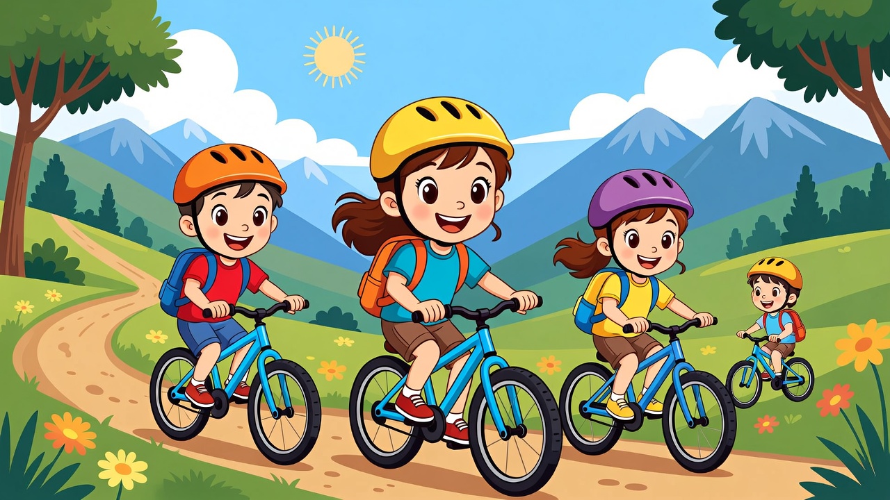 Bambini in mountain bike nel bosco stile cartoon